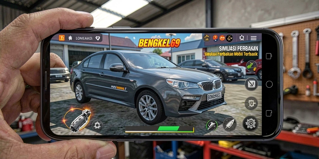 Tangkapan layar gameplay BENGKEL69 menunjukkan pengalaman perbaikan mobil yang mendalam.
