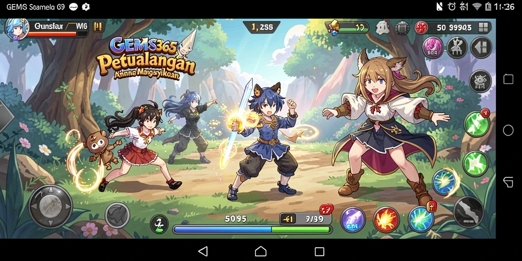 Screenshot GEMS365 menampilkan aksi karakter anime yang dinamis.