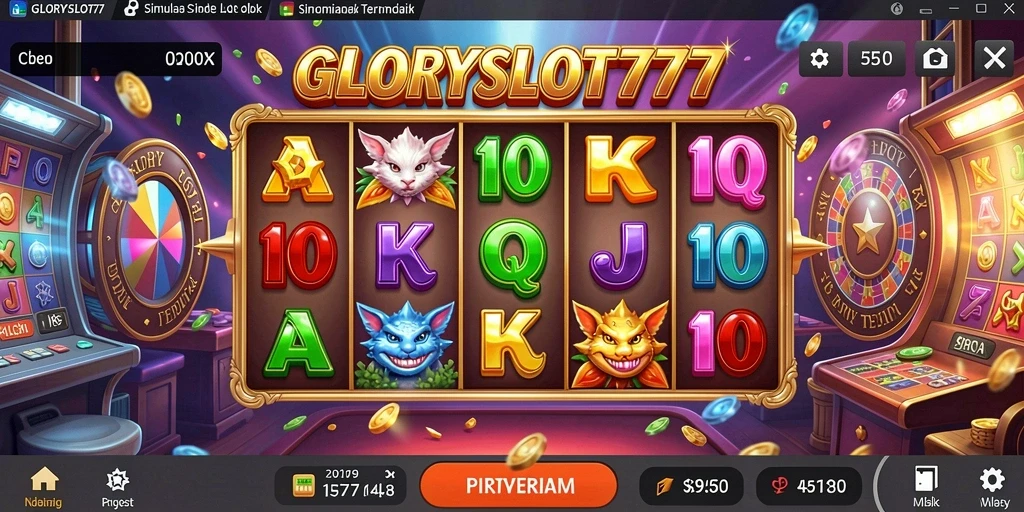 Screenshot utama gameplay GLORYSLOT777 menunjukkan mesin slot menarik dengan efek visual yang mencolok.