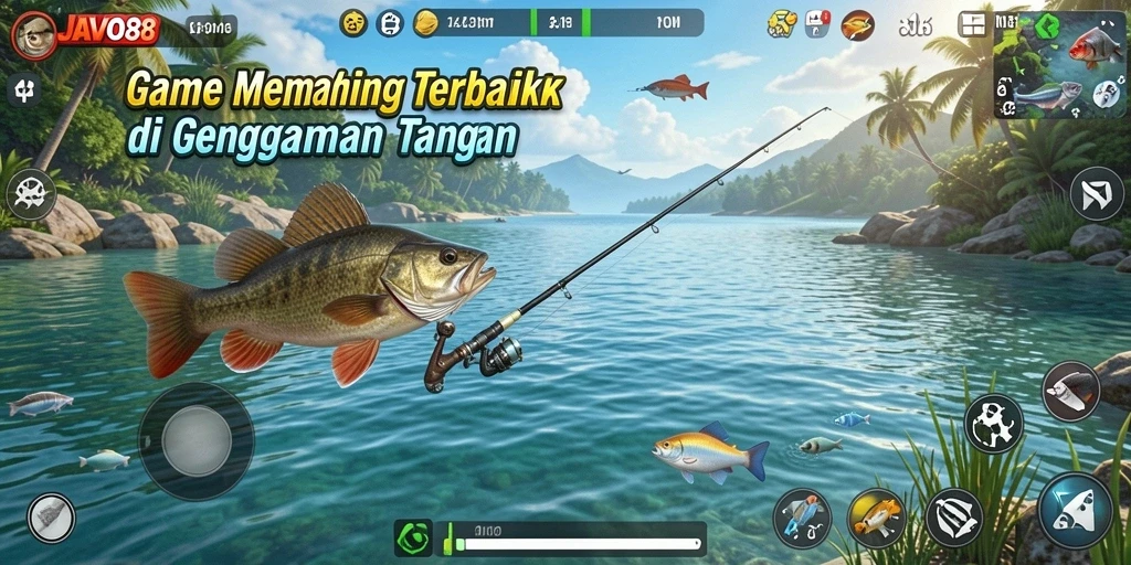 Screenshot gameplay JAVO88 menampilkan keseruan memancing di berbagai lokasi.