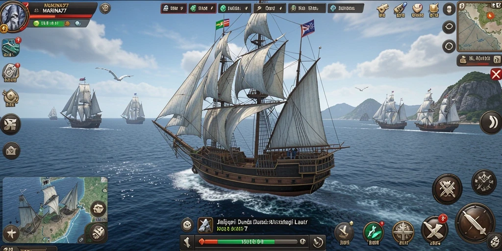 Screenshot gameplay memperlihatkan pertempuran armada yang seru di lautan.