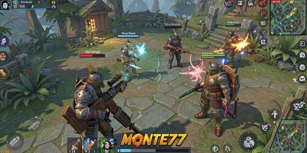Tampilan gameplay <strong>MONTE77</strong> yang menampilkan pertempuran dan pembangunan kerajaan.