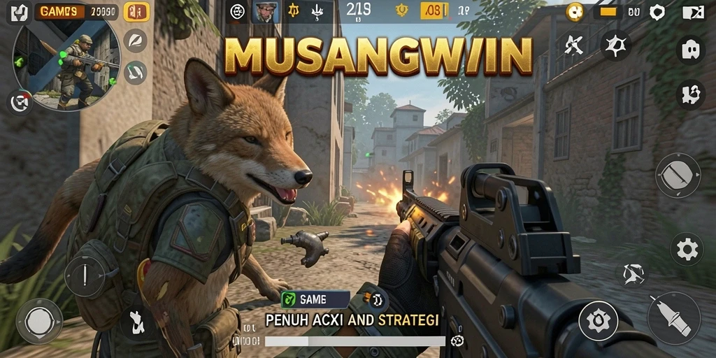 Screenshot utama MUSANGWIN menunjukkan adegan pertempuran yang mendebarkan.
