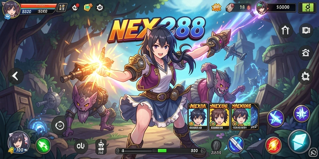 Screenshot NEX288 menampilkan karakter anime dalam aksi seru.