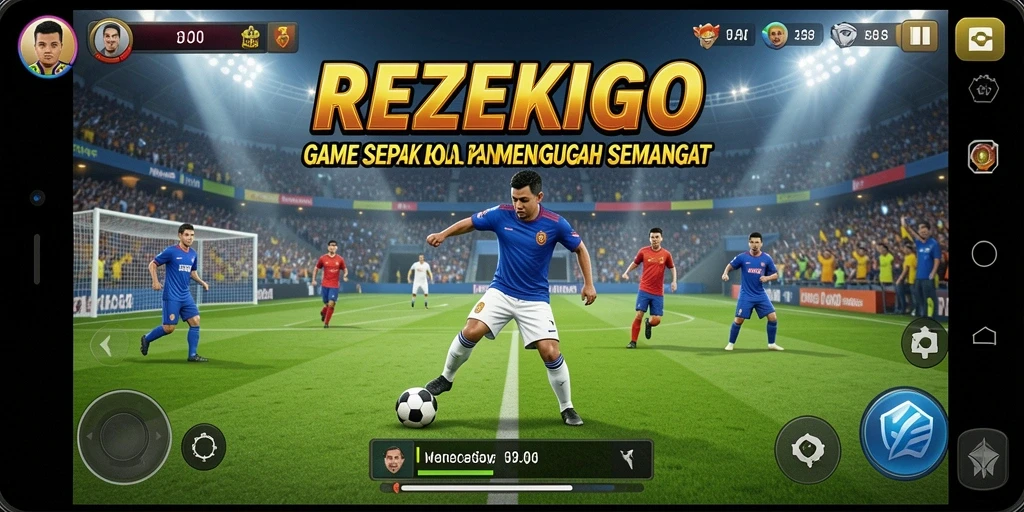 Screenshot utama yang menunjukkan aksi seru di lapangan sepak bola.