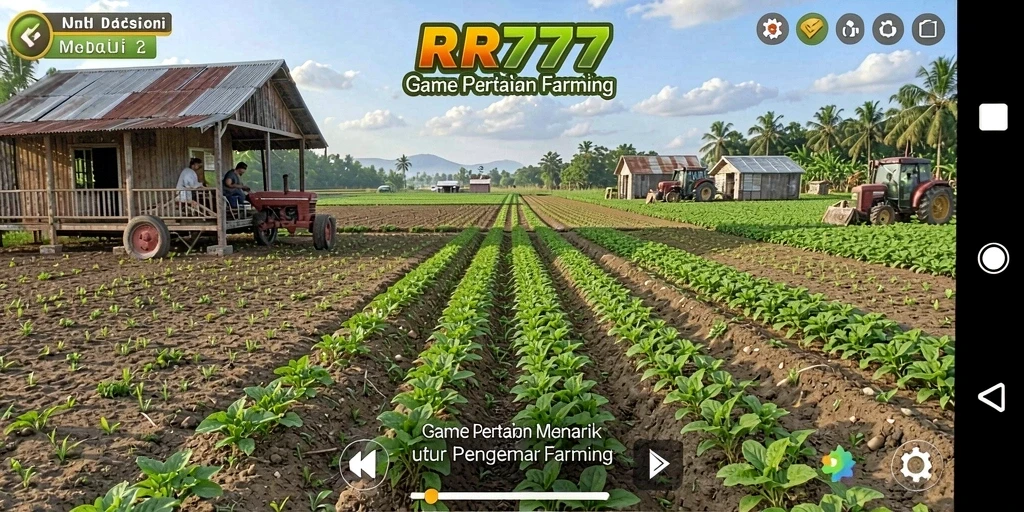 Tampilan gameplay RR777 yang menampilkan dunia pertanian yang indah.
