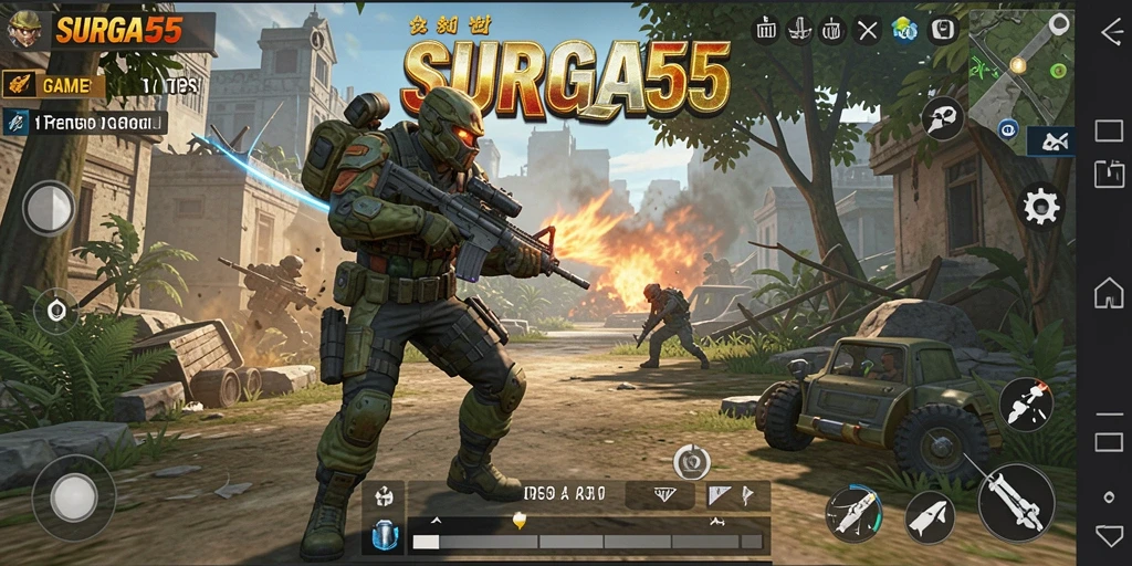 Screenshot gameplay SURGA55 yang menunjukkan aksi tembak-menembak yang seru.