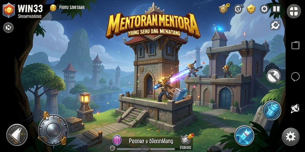 Tampilan gameplay WIN33 dengan menara dan musuh yang dinamis.